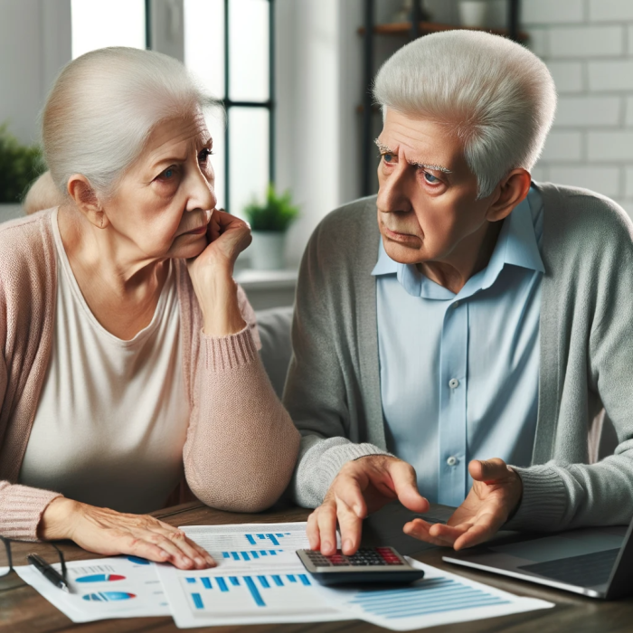 A senior couple facing each other, and thinking. Financial charts, a calculator, and a laptop are at the table in front of them.